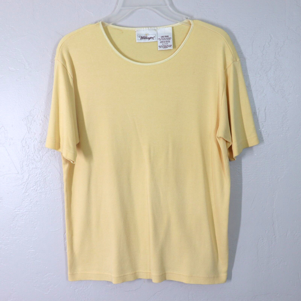 Worthington Tshirt Top L Yellow Cotton Pullover Satin Edge Neckline Short Sleeve